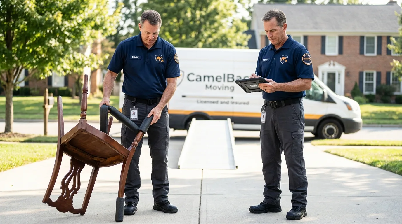 Movers inspecting furniture for damage prevention before loading in Silver Springs, FL