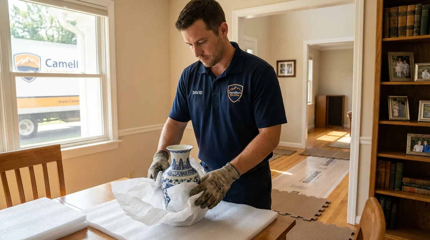 Professional crew carefully wrapping antique vase for senior downsizing move in Silver Springs, FL